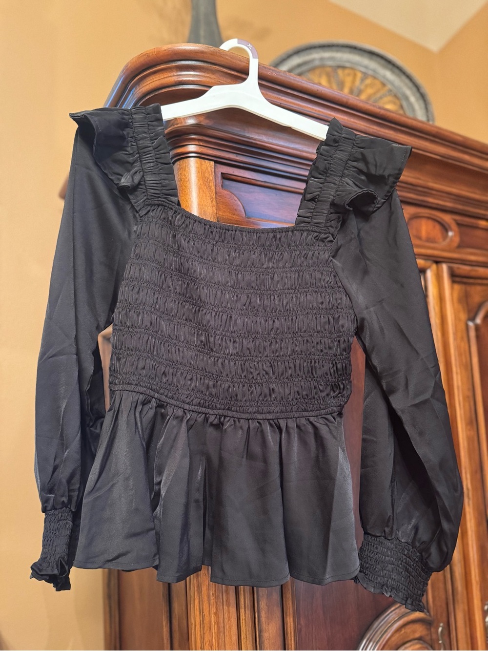 Umgee Black Smocked Peplum Long-Sleeve Blouse